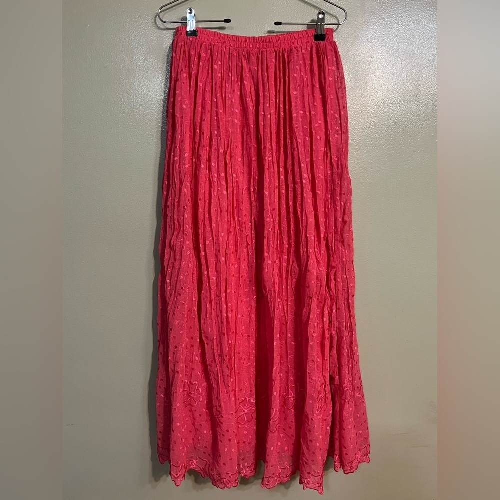 Badgley Mischka Elegant Pink Maxi Skirt Lined Embroidered Scalloped Hem S